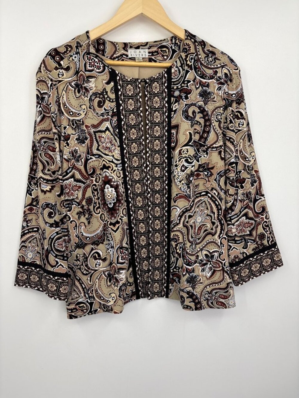 Joan Rivers Perfect Paisley Knit Jacket Beige Black 3/4 Sleeve Size XL